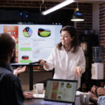 Smiling caucasian woman in startup office doing business presentation on big tv screen with charts in front of team. Confident employee presenting growing sales statistics in late night meeting.